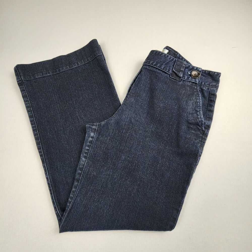 Talbots Dark Wash Denim Trouser Jeans Womens 14 Wide-Leg Flare Slash Pockets